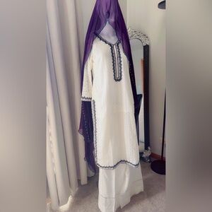 Elegant White and Purple Embroidered Dress